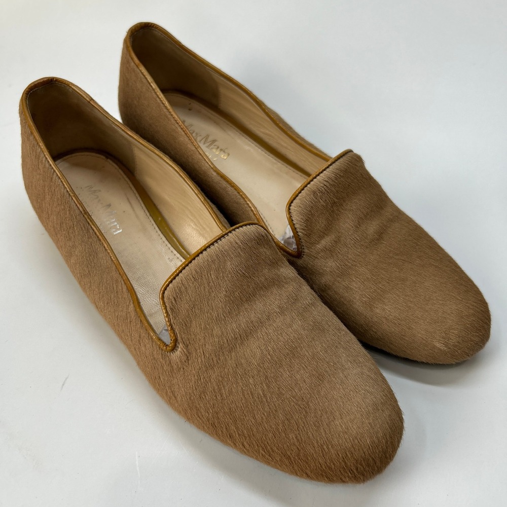 Max Mara Pony Hair Loafers Camel Brown Leather Trim Flats‎ Made in Italy Size 39
